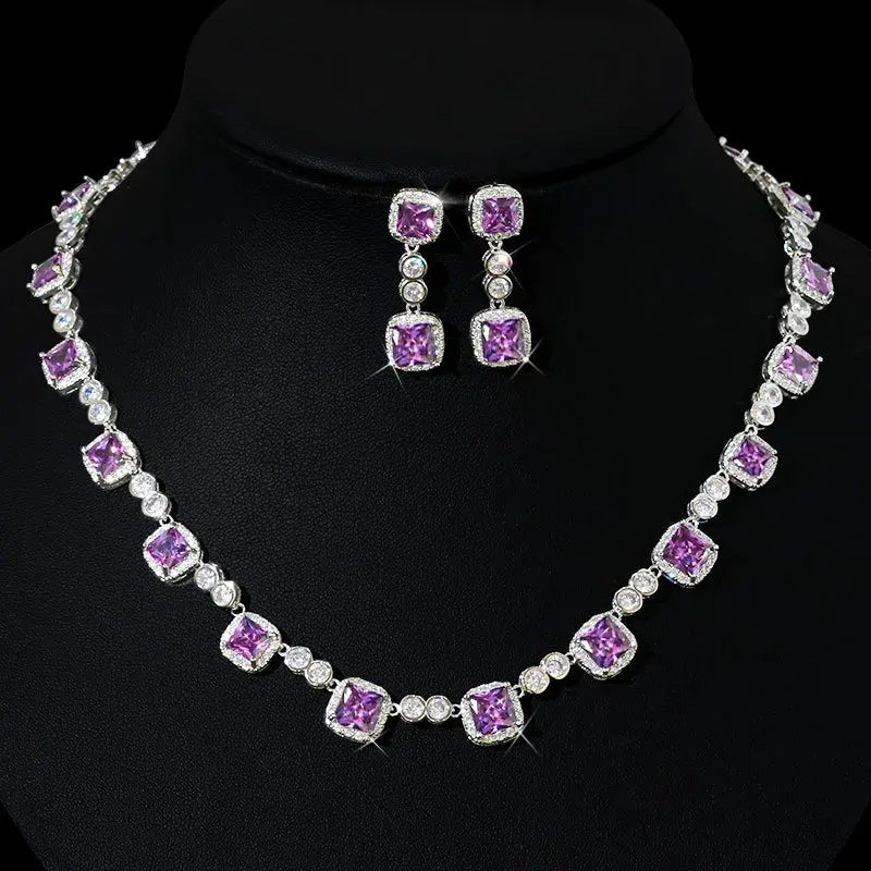 

Elegant 14K White Gold Lab Amethyst Diamond Jewelry set Party Wedding Earrings Necklace For Women Bridal sets Engagement Jewelry