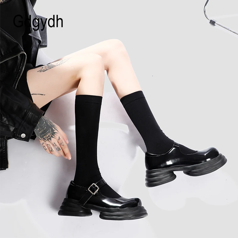 Gdgydh Platform Mary Jane Shoes Women Chunky Heel Lolita Shoes Patent Leather Japanese College Student Shoes Buckle Strap