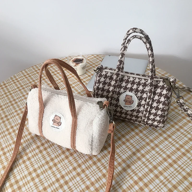 Mini bolso Boston de lana de pana para mujer, Bolso pequeño de felpa, cruzado, de tela, con cremallera, para chicas