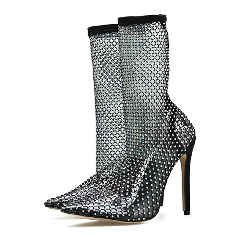 Fashion Crystal Rhinestone Mesh Summer Boots Women Sandals PVC Transparent Pointed Toe Female Shoes High Heels Pumps Black White