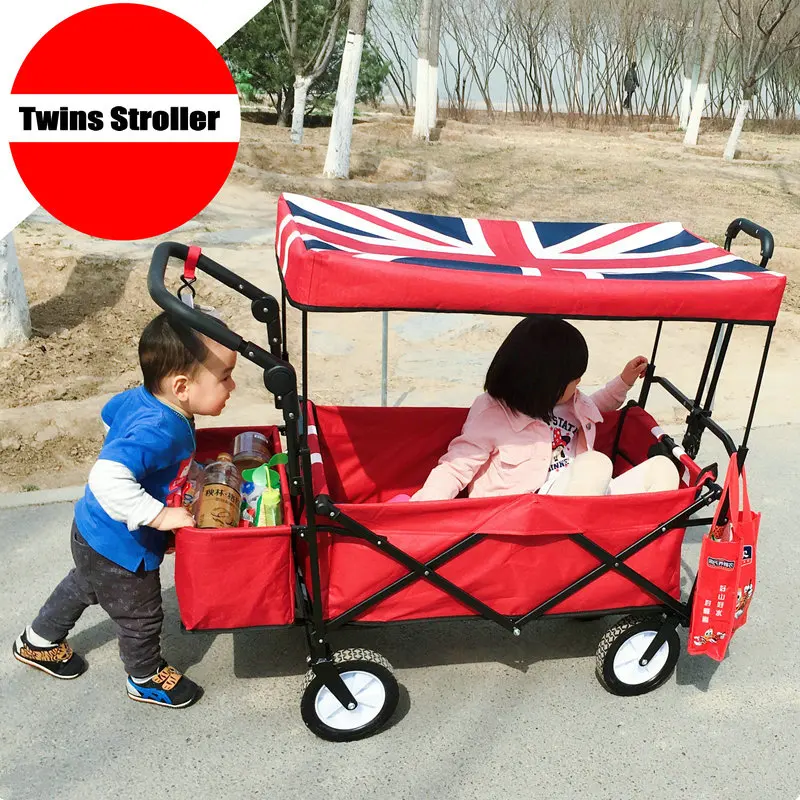 Foldable Kids Wagon With Removable Canopy, Outdoor Cart With Rubber Wheels, Twins Stroller With Adjust Handle For Camping Beach