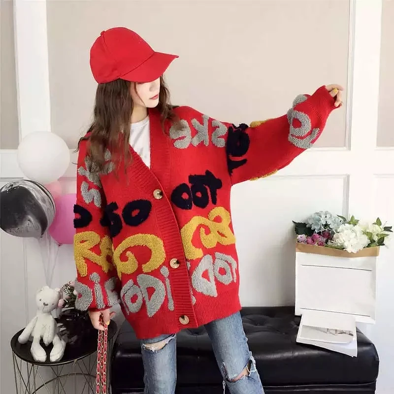 Letter Pattern Knitted Sweater Women Winter New Korean Oversized Long Sleeve Single Breasted Thick Fashion Loose Cardigan 2023