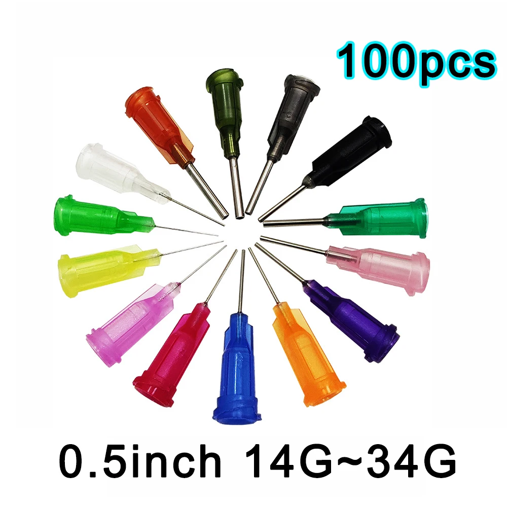 100Pcs 0.5inch 14G ~ 34G 18G 20G 27G Dispensing Tapered Pinhead Glue Liquid Dispenser Syringe Needles for Industrial Dispenser