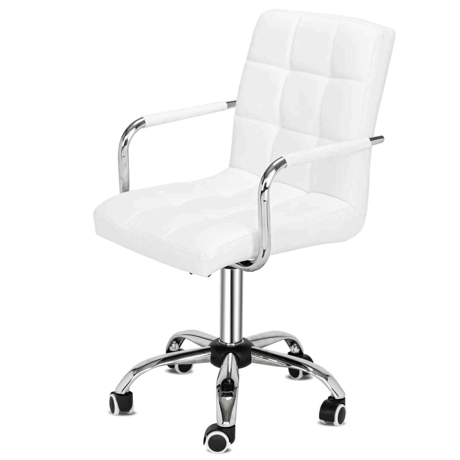 2Pcs FCH 9 Grid Bar Chair Rotatable Lift Office Chair with Armrest Square White Cushion Silver Five-Star Feet PU Leather[US-W]