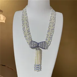 19'' 5 Strands Cultured White Pearl Blue Crystal Necklace White bowknot  Cz Pendant