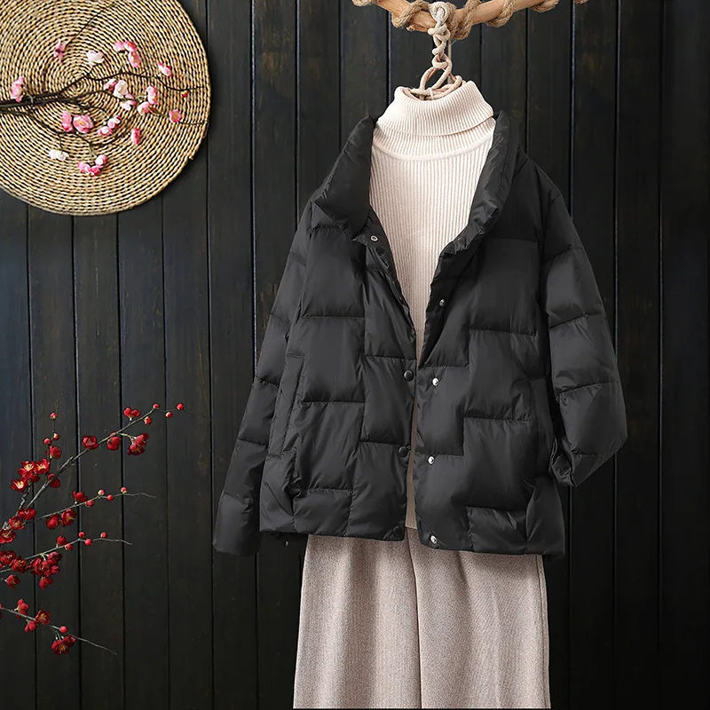 

2021 Autumn Winter New Loose Casual Women Warm Short White Duck Down Coats Stand Collar Ultralight Thin Down Jacket