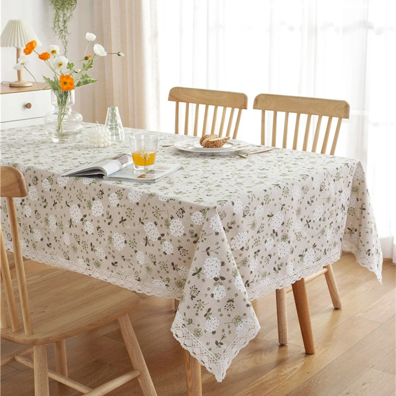 White Dandelion Flower Pattern Cotton Linen Tablecloth with Lace Hem Home Coffee Pendant Tea Table Pad Meal Cloth