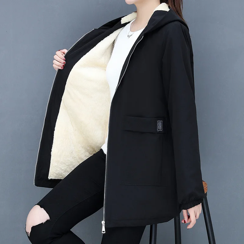 Plus Size Fat Mm Trench Coat For Women Velvet Thick Winter Jackets Female Hooded Mid-Long Windbreaker 45 To 145 Kg Wear