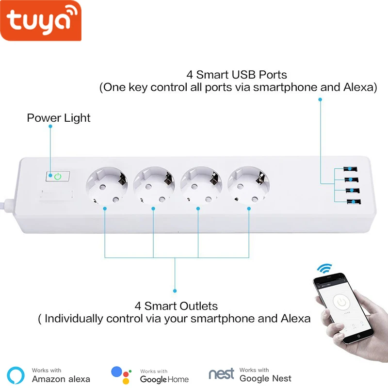 

Tuya Smart WIFI Power Strip EU Standard With 4 Plug and 4 USB Port Compatible With Alexa Echo and Google Nest