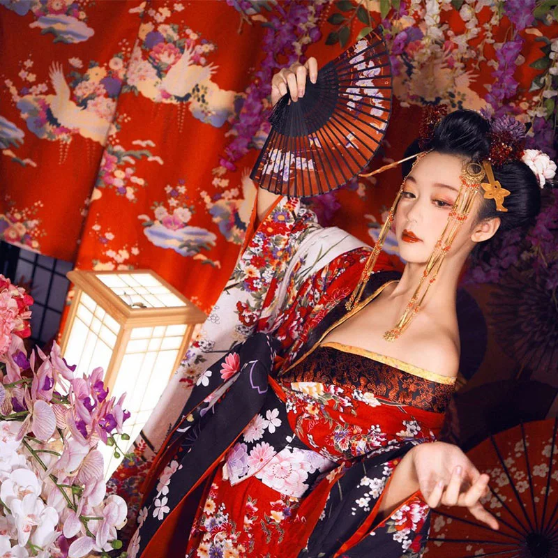 High Quality Custom Made Japanese Kimono Set Plum Flower Cosplay Costume Beautiful Woman Sexy Dress Performance Kimono