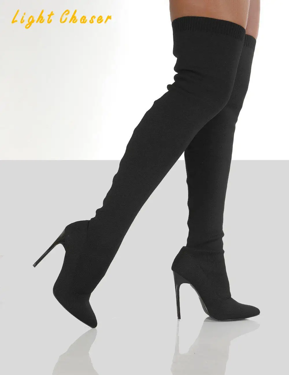 

Stretch Thigh High Boots Women Autumn Spring Sexy Over The Knee Boots Knitting High Heel Black Long Shoes Woman Big Size 45 47