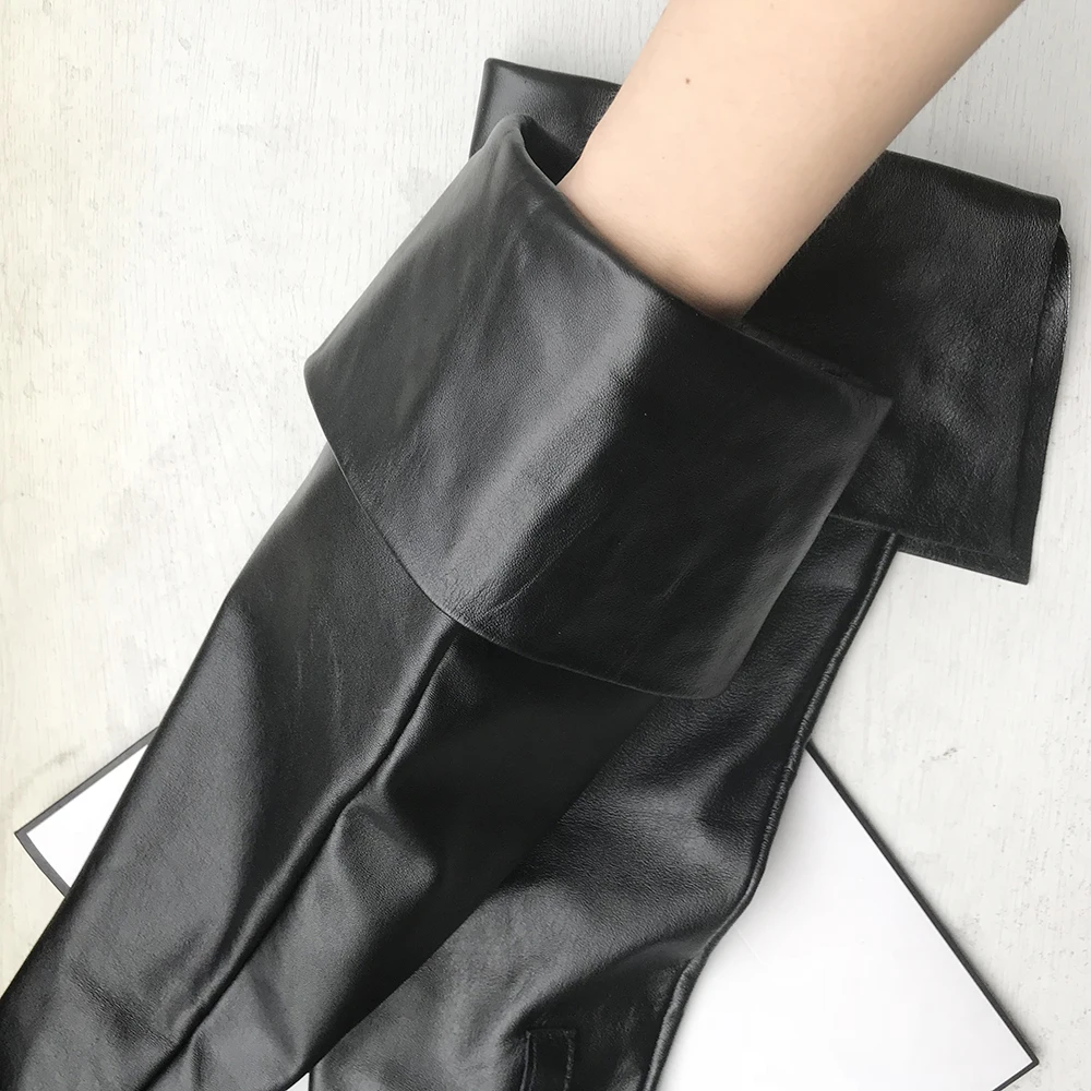 Custom-made Long Leather Gloves Really Sheepskin 60cm Eversion Double Layer Big Cut Extra Long Black Leather Touchscreen Women