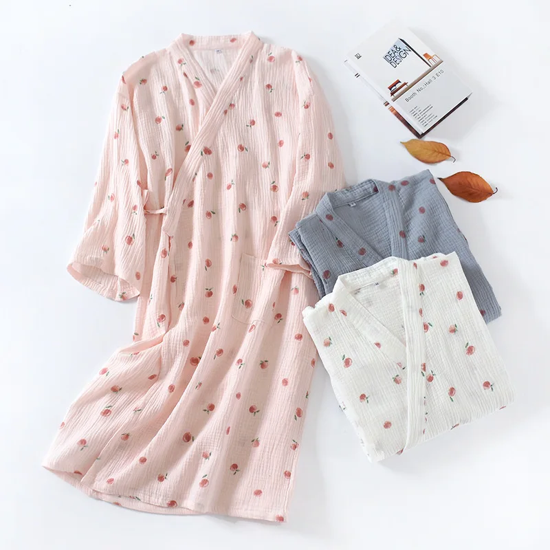 Japanese Kimono Robes for Women 100% Cotton Gauze Bathrobe Summer Thin Sleepwear Long Sleeve Nightgown Plus Size Dressing Gown