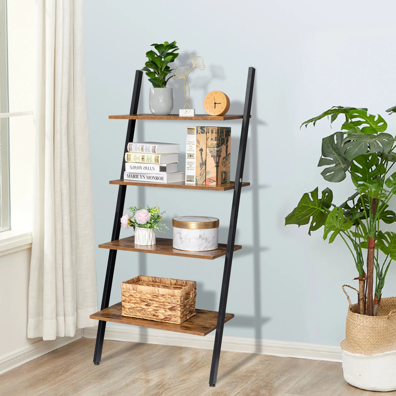 Industrial Ladder Shelf 4-Tier Bookshelf Storage Rack 64x35x150CM Steel Frame&MDF Ideal for Living Room Kitchen Office[US-Depot]