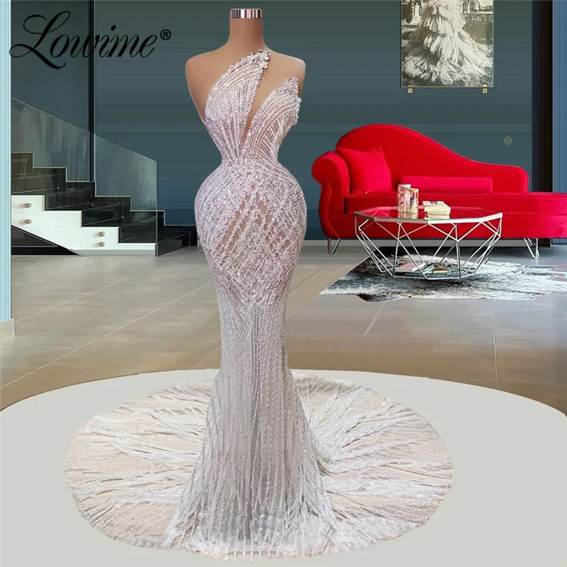 

Lowime White Long Train Wedding Party Dresses 2022 Couture Crystals Robe De Soiree Mermaid See Through Evening Gowns Women Prom