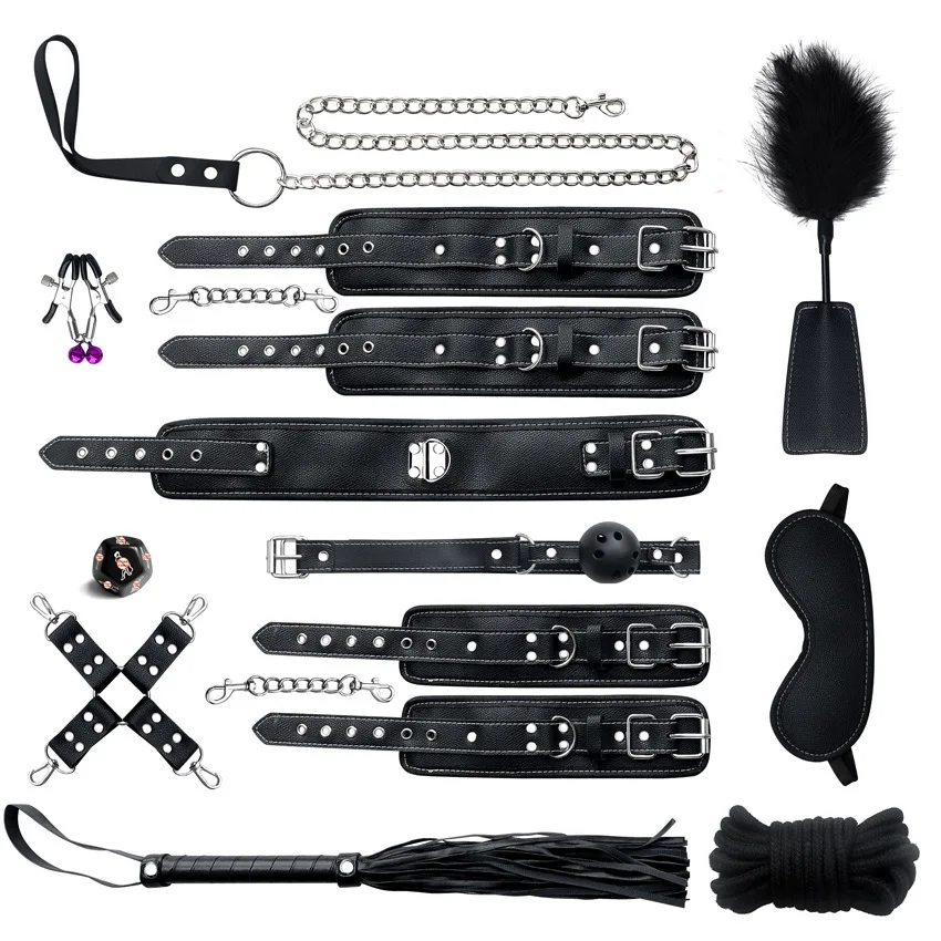 

Exquisite 12pcs Bondage Gear Set Leather Erotic BDSM Handcuffs Sex Game Neck Collar Whip Mask Dice Gag Nipple Clamps SM Toys