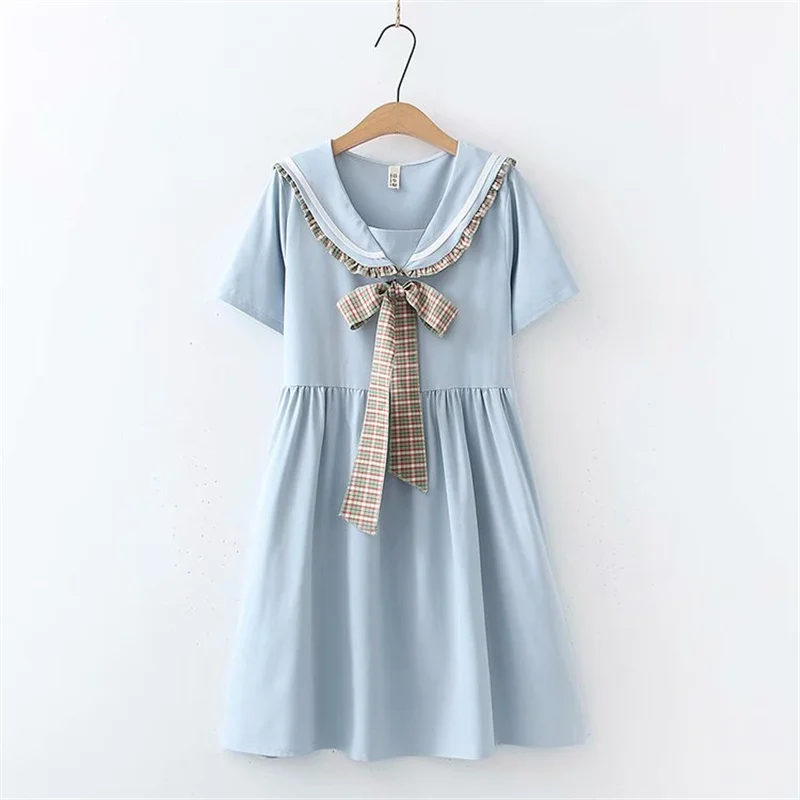 

Japanese Kawaii Preppy Black Dress Teen Girls Summer Fashion Sailor Collar Short Sleeve Bow Tie Lolita Casual White School Dress