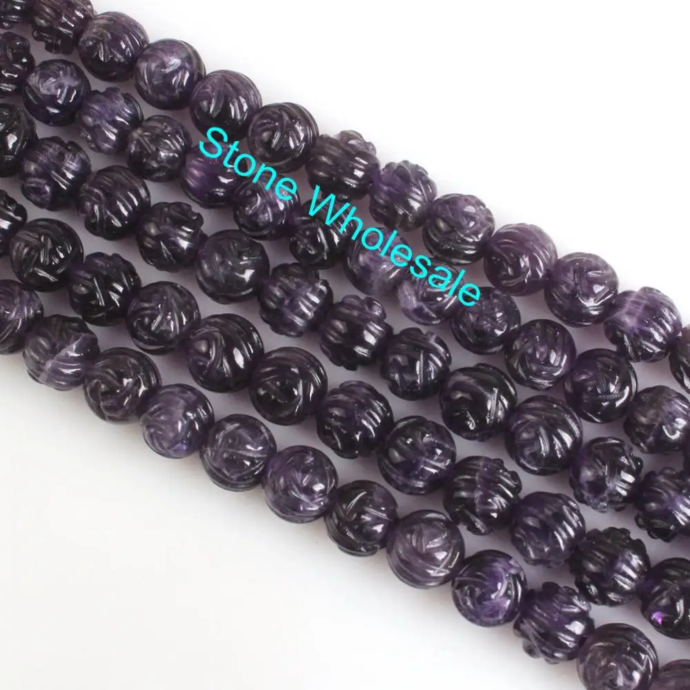 Natural Round Rose Carved Sculptured 3D Amethyst Crystal Gemstone Loose Beads 6 8mm For Necklace DIY Jewelry Making