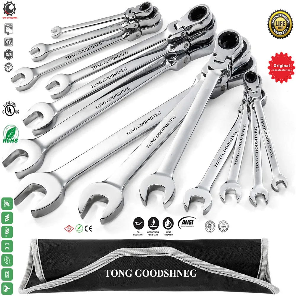 

8-24MM Metric Flex-Head Ratcheting Wrench Set,Professional Chrome Vanadium Steel Combination Ended Standard Kit Portable Bag