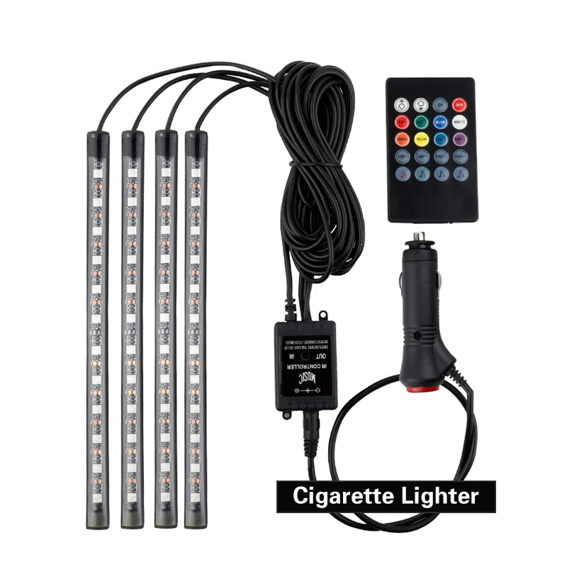 Auto LED RGB Interior Atmosphere Strip Light Decorative Foot Lamp With USB Wireless Remote Music Control Multiple Modes For Car