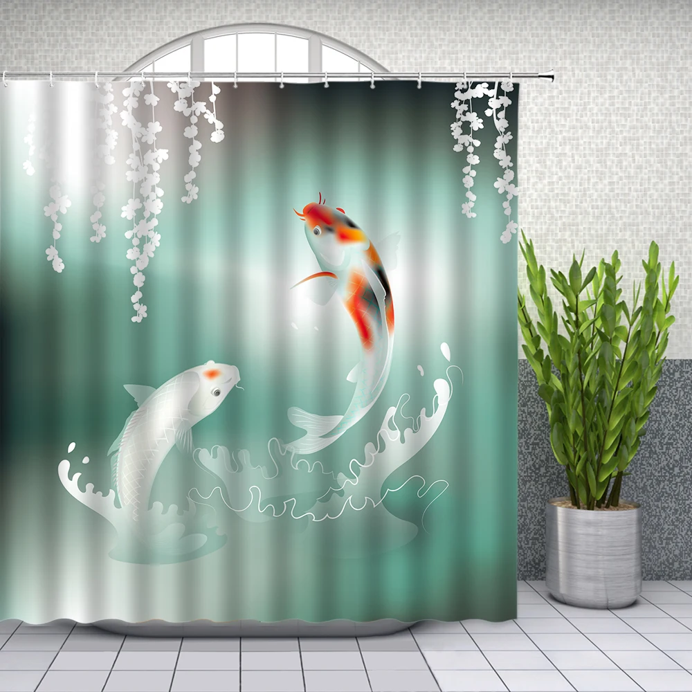 Chinese Style Koi Fish Flower and Birds Shower Curtains Bathroom Screen Waterproof Bath Curtain Background Wall Decor With Hooks