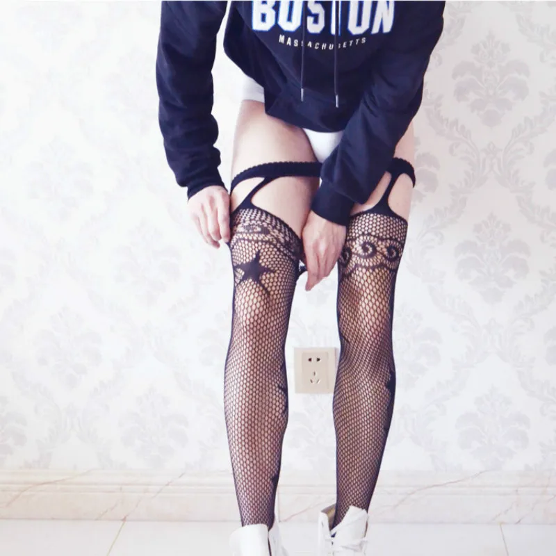 Men's Pantyhose Hollow Garter Stockings Star Print Pants Leggings European and American Fishnet Stockings Men's Fishnet Stocking