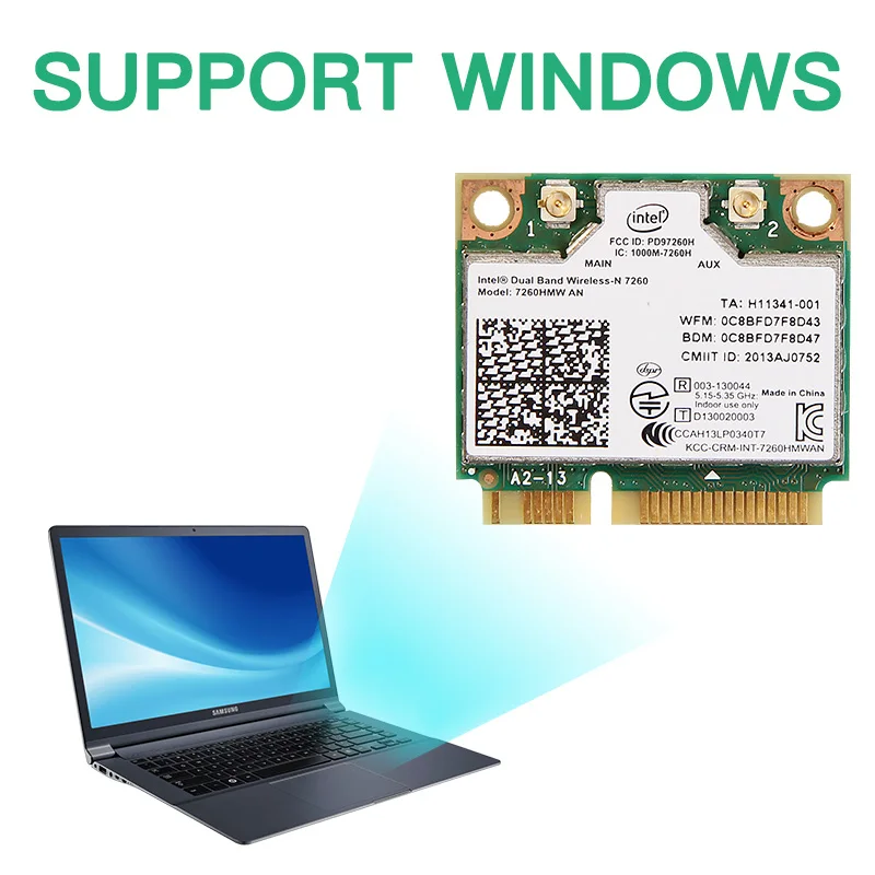 Dual Band 300Mbps 2.4G/5Ghz 802.11ac 7260HMW AN Half Mini PCI-e Wifi Card Bluetooth-compatible 4.0 For PC Laptop Windows 7/8/10