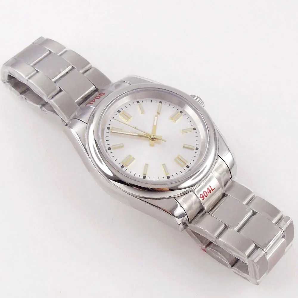 39MM Polished Bezel Mechancial Men Watch Gold Baton Hand Silver Dial Brushed Steel Oyster Band Screw Crown