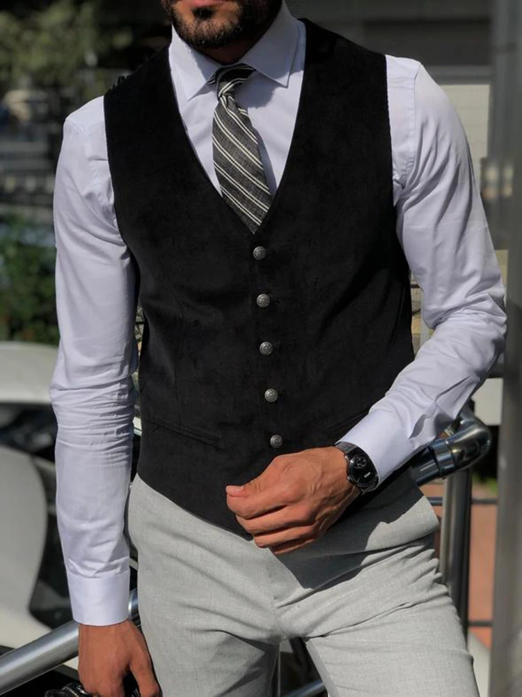 Men's Suede Suit Vest Retro Western Denim Sleeveless Steampunk Waistcoat Slim Fit Black Vest