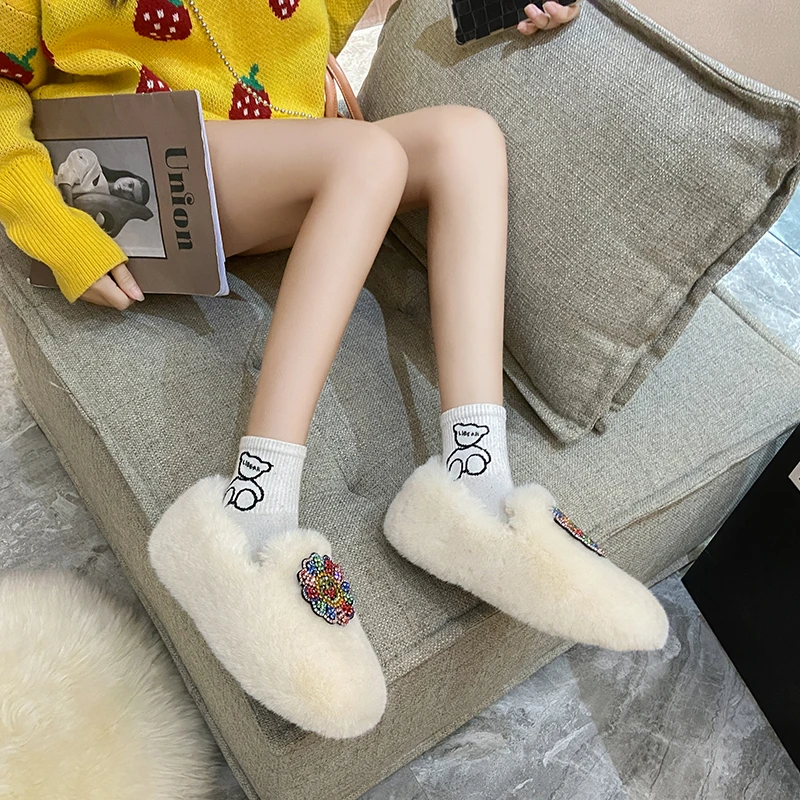 2021 Winter Women Loafers Lambs Wool Shoes Hot Woman Flats Slip on Shoes Fur Plush Warm Ladies Shoes Black Brown Boat Shoe