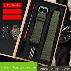 Correas de reloj de nailon y cuero genuino para hombres y mujeres, correa de reloj de alta calidad con hebilla de Pin plateado, verde y negro, 20mm, 21mm, 22mm