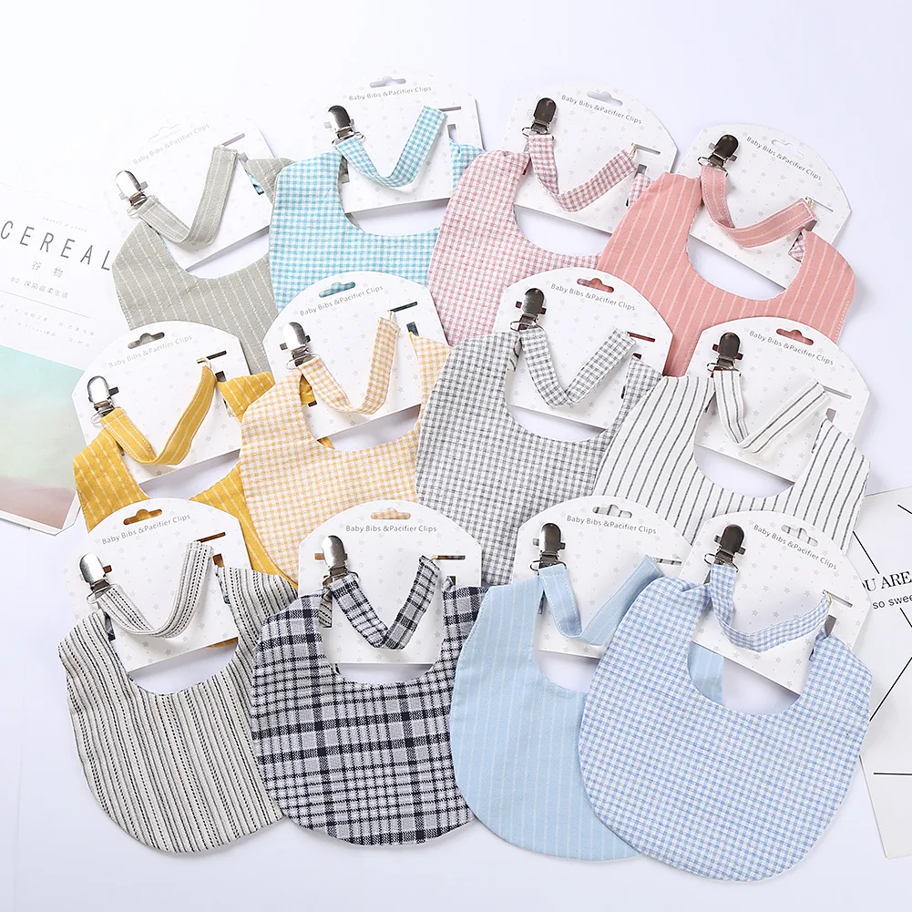 

12Set Cotton Tartan Double Side Baby Bibs Boy Girl Saliva Towel Nipple Pacifier Chain Feeding Burp Cloths Plaid Scarf Bandanas