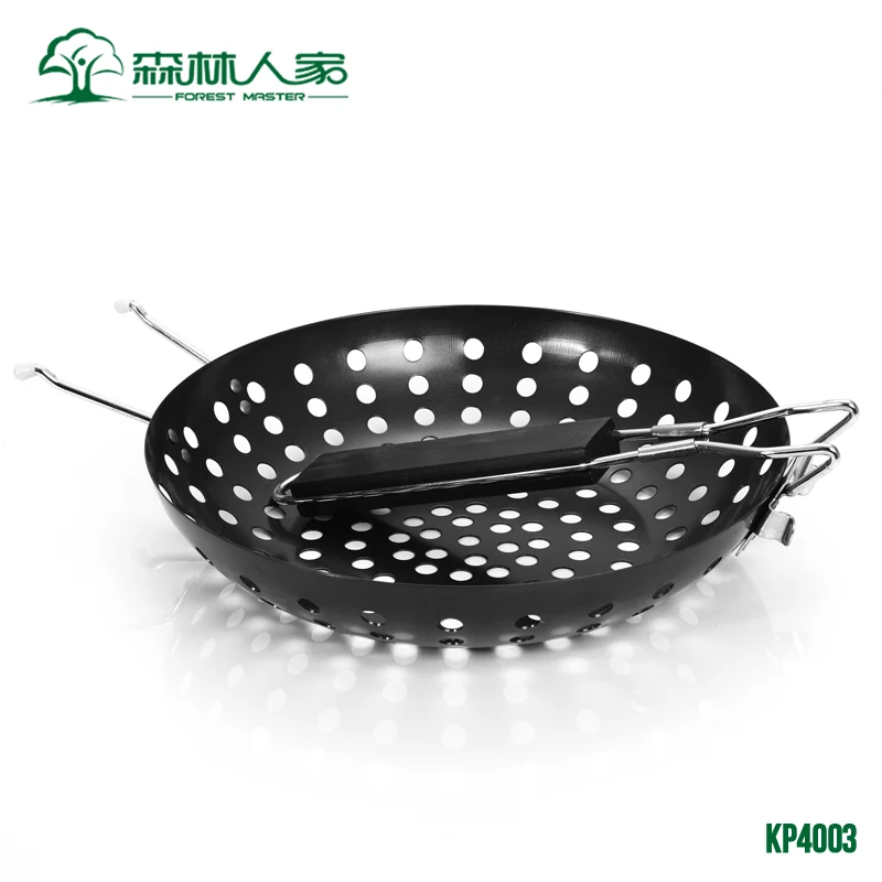 

Barbecue tool accessories outdoor BBQ frying aan folding wood handle round non-stick grill roasting plate bakeware