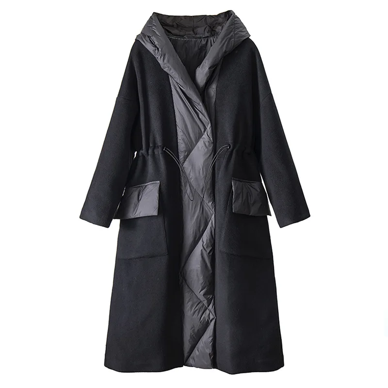 Women Down Jackets Patchwork Double-Sided Woolen Coats Elegant Fashion Hooded Black Drawstring Slim Long Overcoats Winter 2021