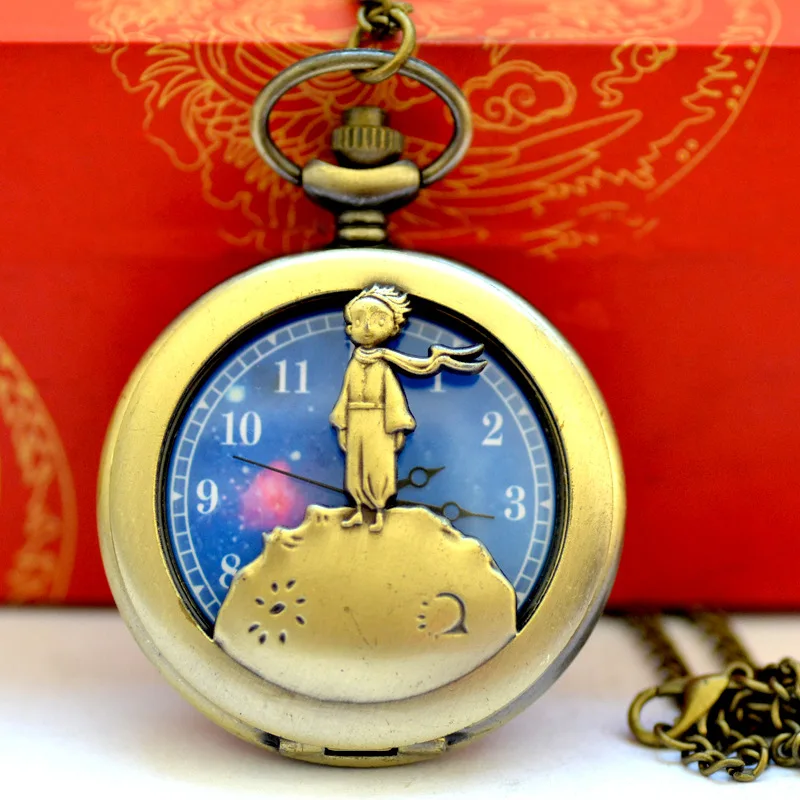 Reloj de bolsillo de cuarzo Vintage para niño pequeño, cronógrafo de moda con diseño del planeta Principito 1020The, azul bronce, regalo Popular