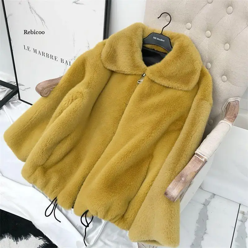 Faux fur coat thickening autumn winter coat casual women's jacket faux rabbit fur coat Solid Overcoat Female Plush Jacket