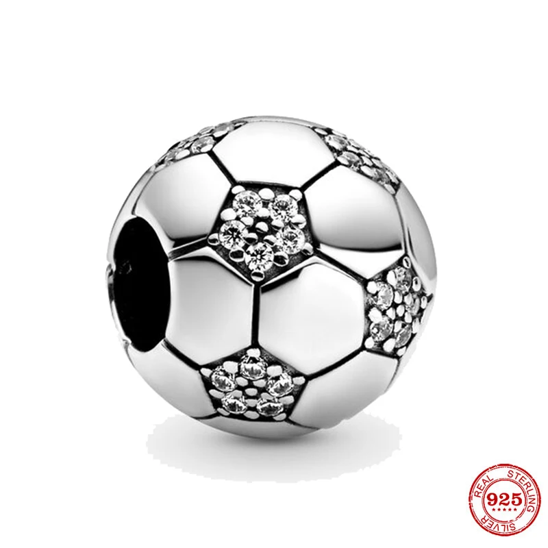 

New 925 Sterling Silver Beads Sparkling Soccer Charm Fits Original Pandora Bracelets DIY Jewelry Making For Women Gifts