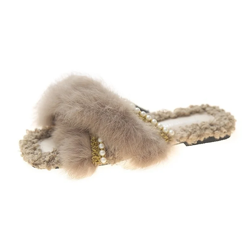 Autumn Fluffy Raccoon Fur Slippers Shoes Women Real Fox Fur Flip Flop Flat Furry Fur Slides Outdoor Sandals Woman Amazing Shoes