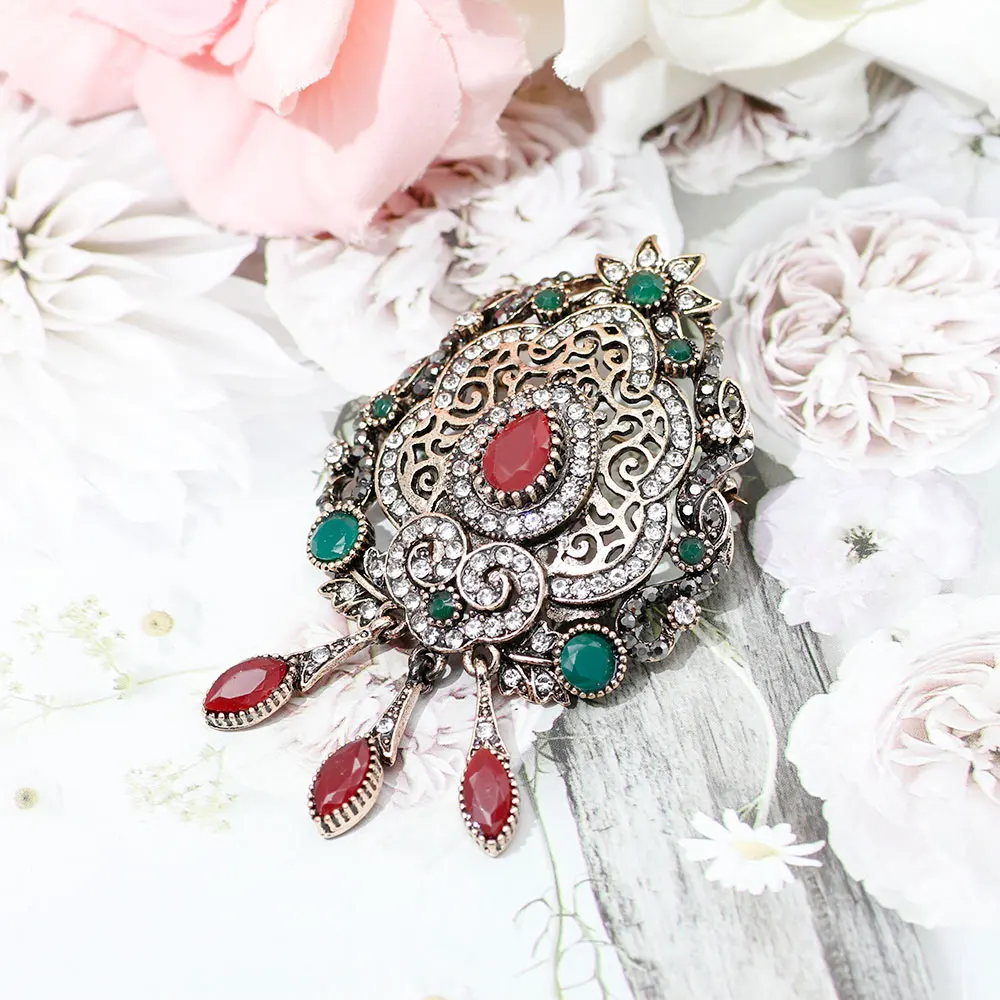 Sunspicems Bohemia Crystal Brooch Pins Turkish Metal Scarf Clothing Flower Broches Brooches Arab Gray Stone Jewelry Christmas