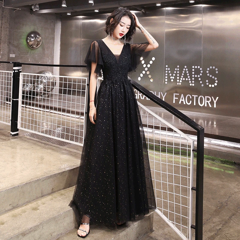 

Bling Sequins Black Cheongsam Flare Sleeve Sexy Mesh Qipao V-Neck Pleated Evening Party Dress Gown Bandage Long Robe De Soiree