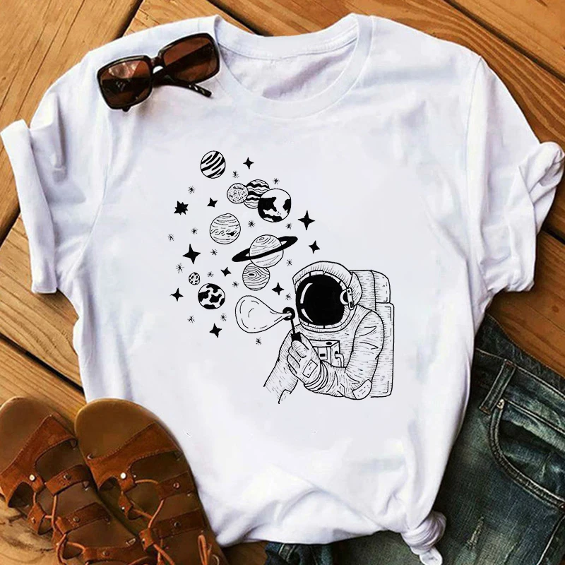 Fashion Space Galaxy Astronaut Print Harajuku Top Women T-shirt Casual ladies basic O-collar Short Sleeved Tshirt Girl,Drop Ship