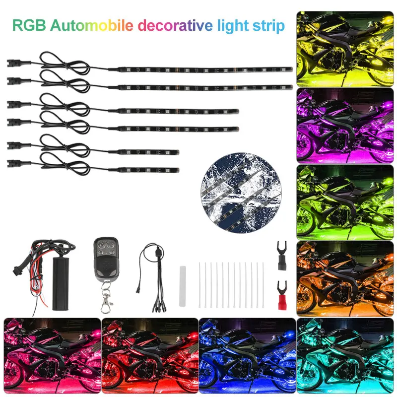 6pcs 36LED Multicolor Motorcycle Under Glow Strip Light Kit RGB Neon Strip Remote Control ATV SUV Decorative Strip Lamp