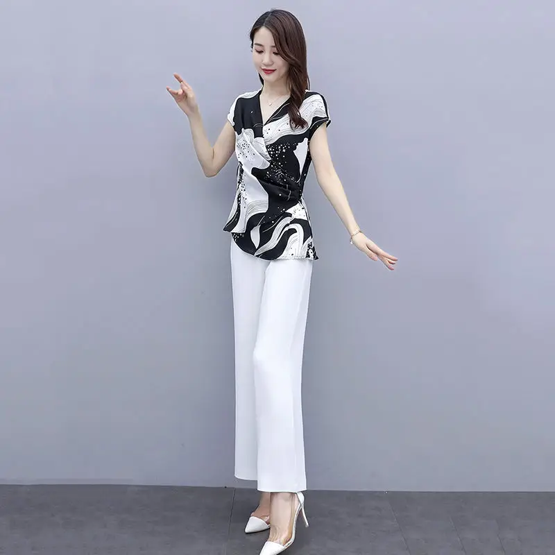 Pants Suits Female For Summer 2024 New Woman Set Pantsuits Elegant Chiffon Asymmetrical Tops & Wide Leg Trousers 2 Piece Clothes