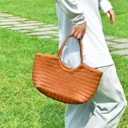 Genuine Leather Hand-woven casual vegetable basket bag with  Woven Inside Bag Vintage Shopping Bag Tote Bag Crossed Tote Bags