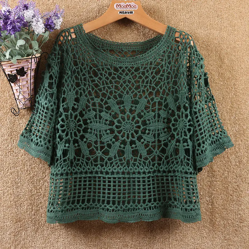 Lace hollow crochet short women\'s spring/summer 2023 fashion new sweater loose blouse with western style casual all-match