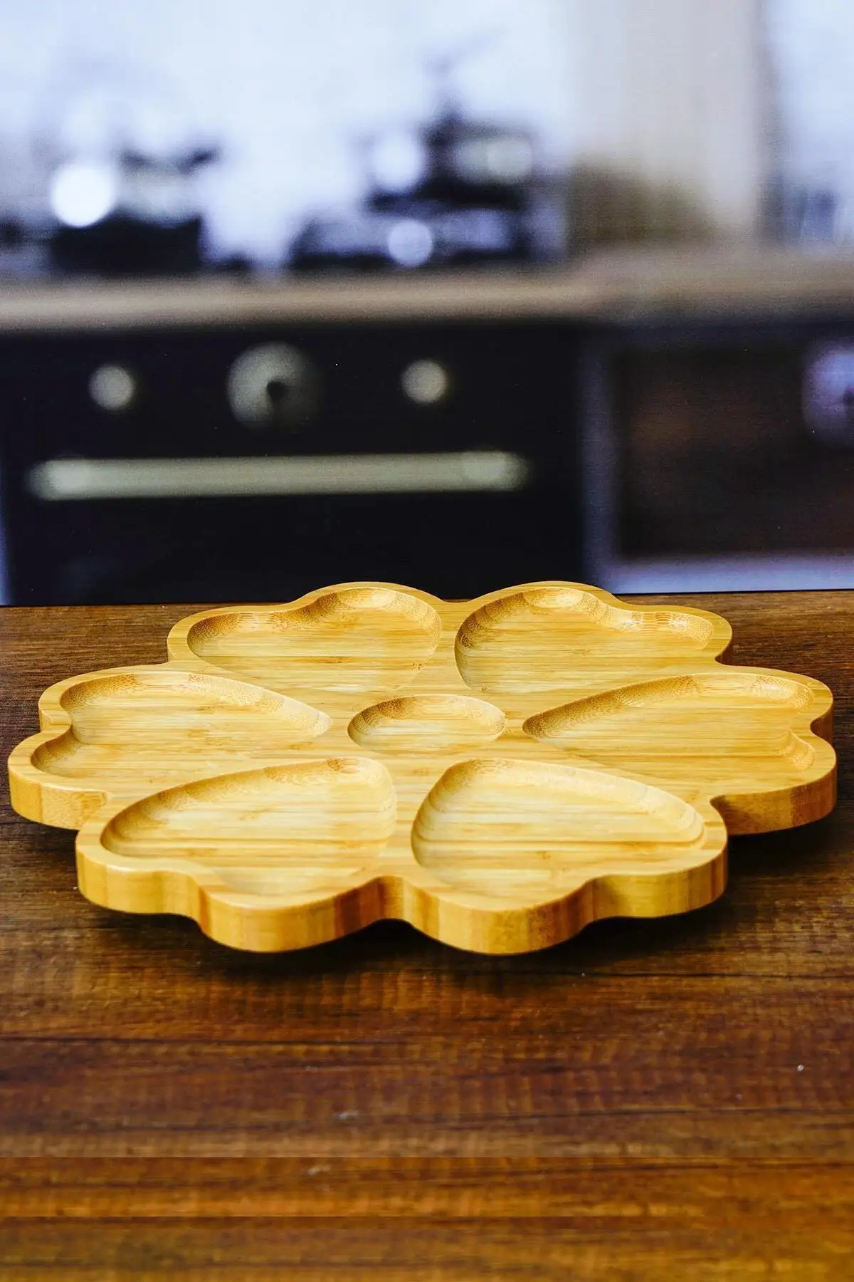 Gencs Kitchen Bamboo 7 Compartment Rotating Presentation Dish Breakfast