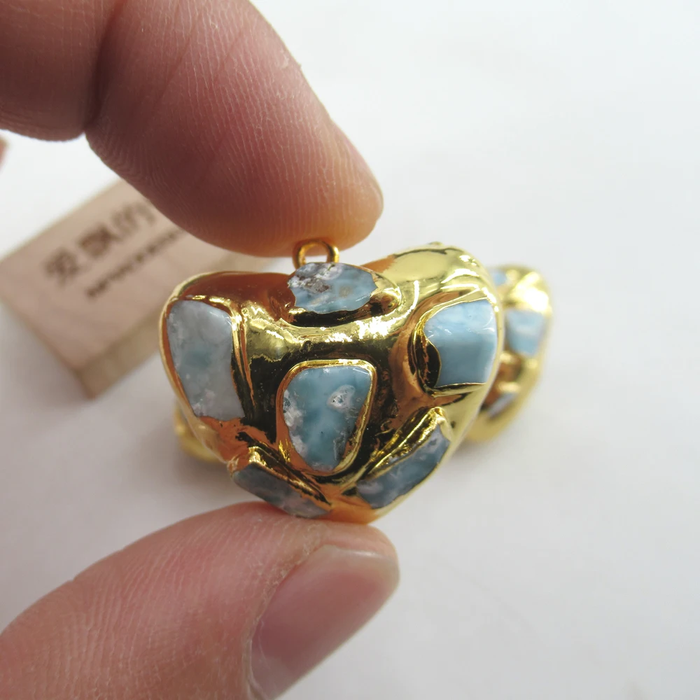 2pcs Fashion Natural Blue Larimar Heart Shaped Pendant with 24K Metal Plated Pendants charm 28x28mm