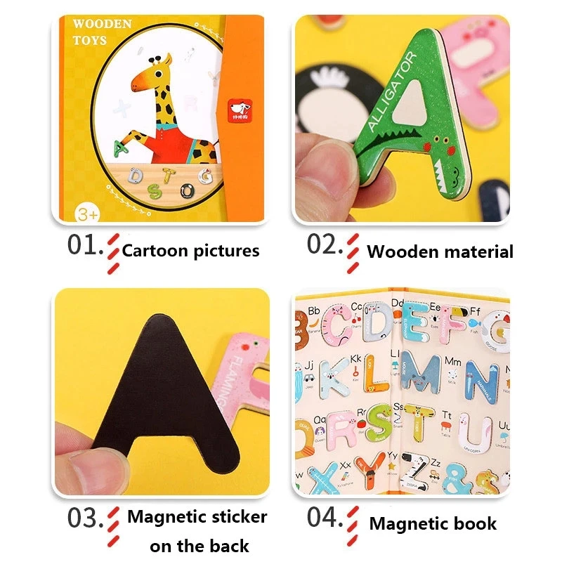 Montessori Wooden 26Pcs Magnetic English Letters Board Game Alphabets Languages Learning Book Educational Toy for Children Gifts