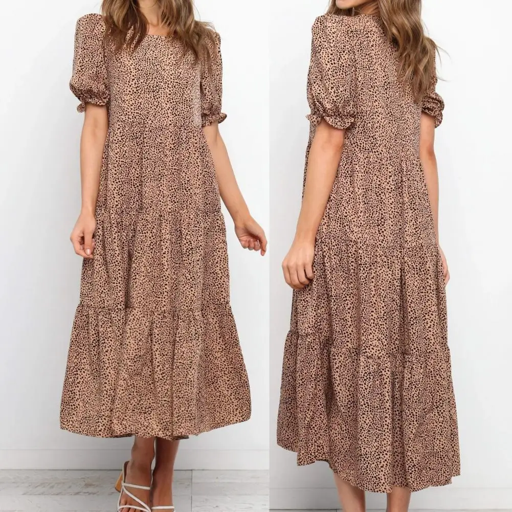 Leopard Large Hem Puff Lengan Pendek O-neck Longgar Midi Dress Sundress untuk Pakaian Sehari-hari