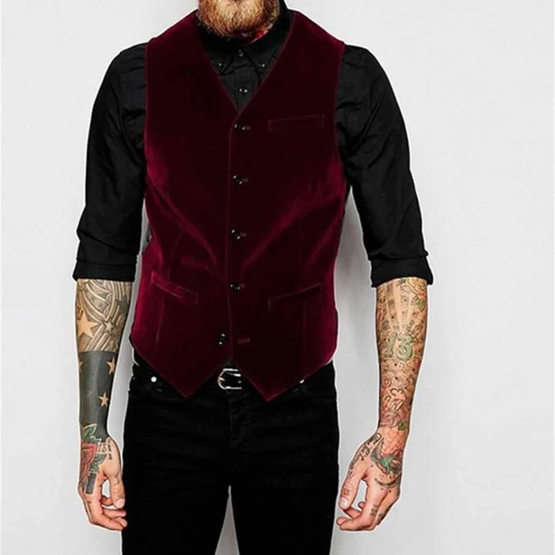 Burgundy Velvet Vest for Men Suit V Neck Single Breasted One Piece Casual Male Waistcoat New Fashion Coat